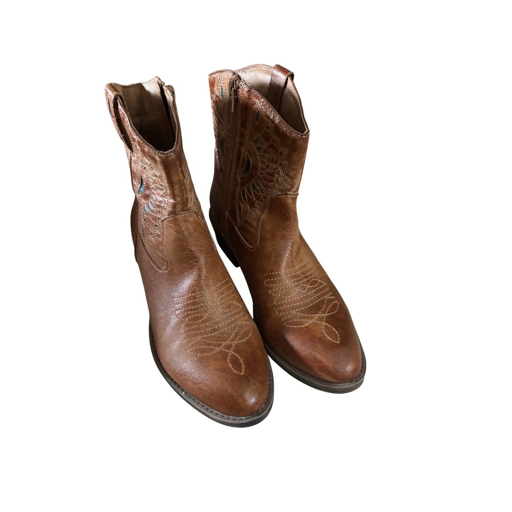 Coconuts Matisse San Antonio Brown Western Ankle Boots Teal Cutout Womens 8.5M